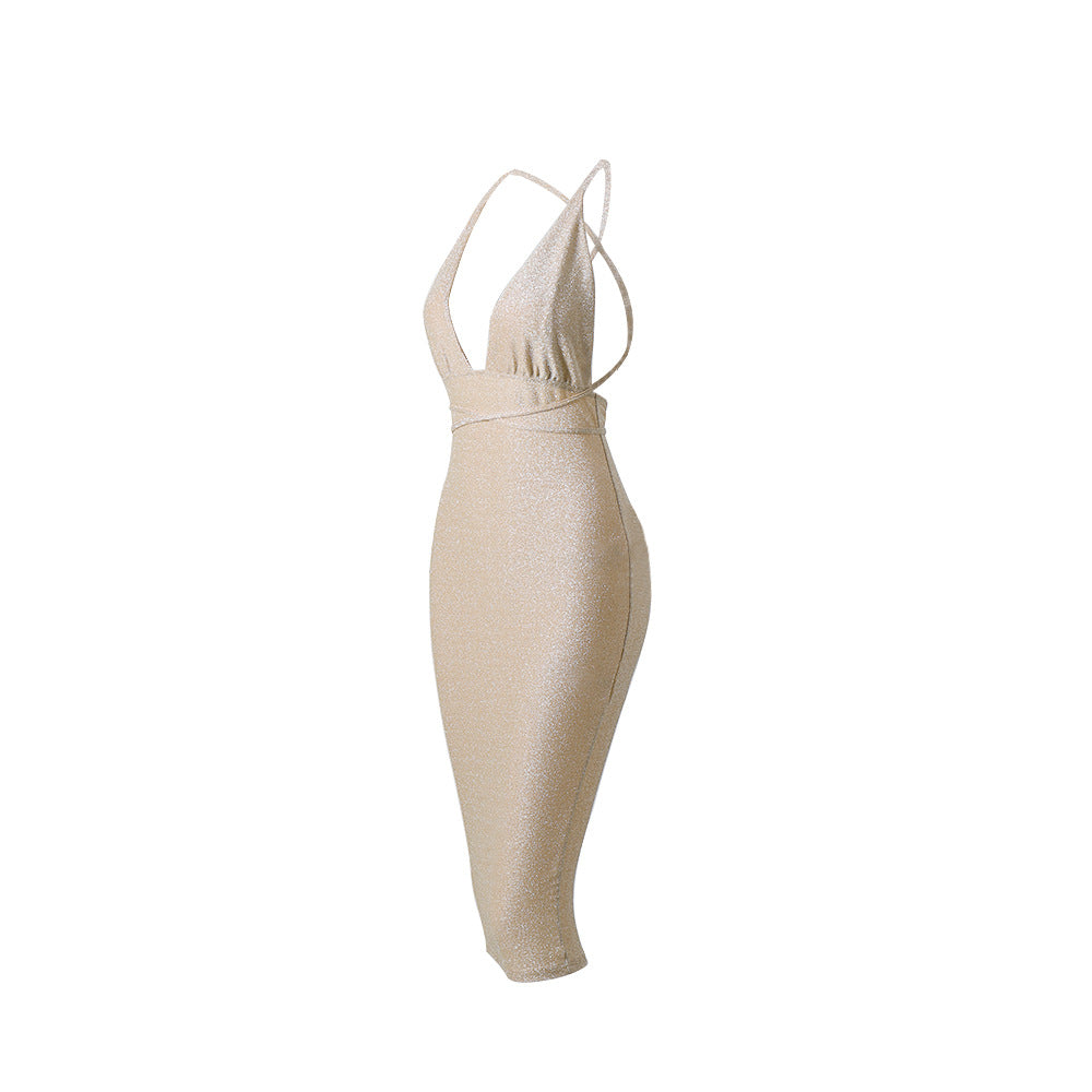 Champagne Gold Silk Chain-Strap Deep V Bodycon Midi Dress