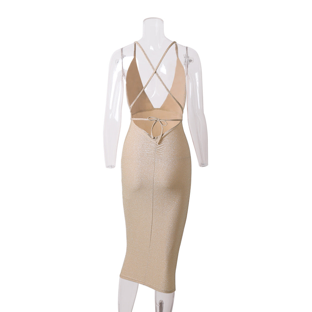 Champagne Gold Silk Chain-Strap Deep V Bodycon Midi Dress