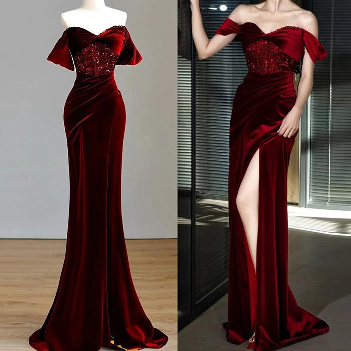Wine Red Off-Shoulder Velvet Sequins Fishtail Dress