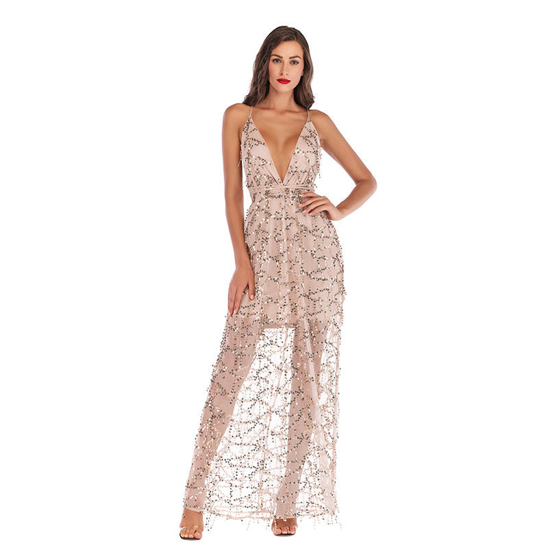 Sequined Deep V Neck Backless Maxi Dress with Fringe