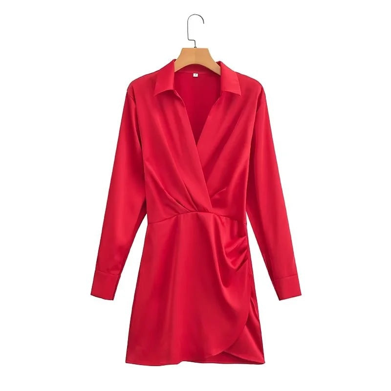 Satin Deep V-Neck Pleated Wrap Mini Dress — Three Colors