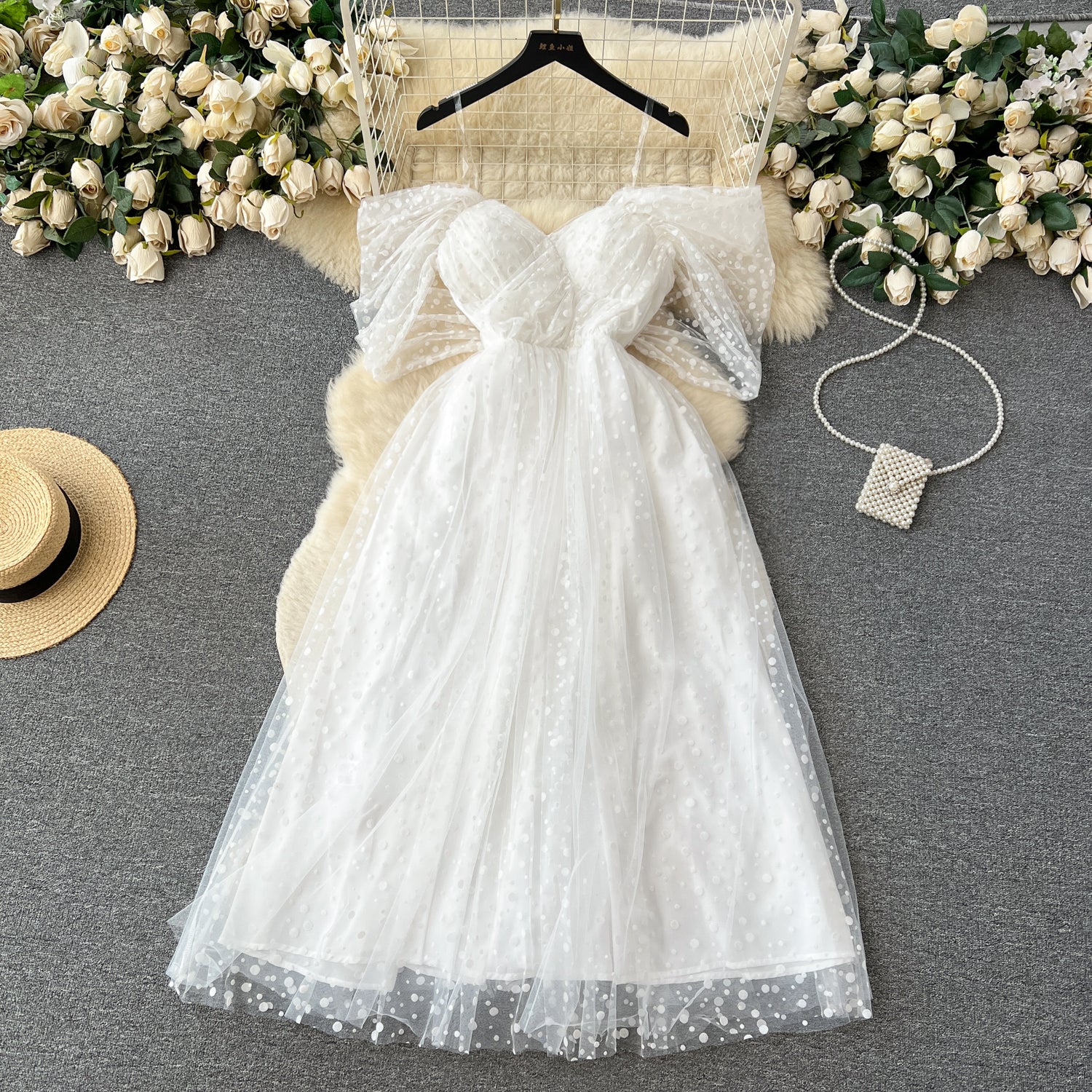Pearl-Hem Tulle Off-Shoulder Maxi Dress
