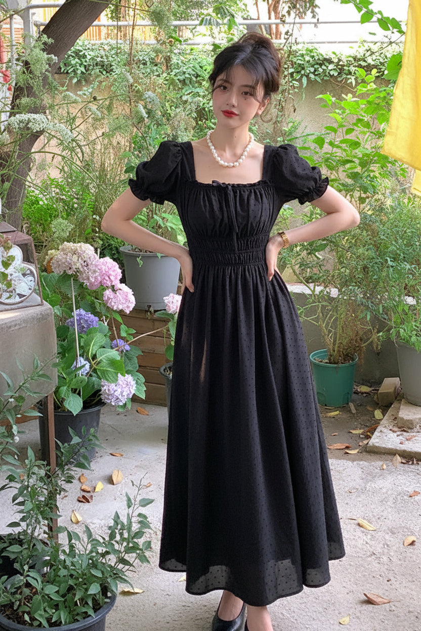 Square Neck Bubble Sleeve Long Dress