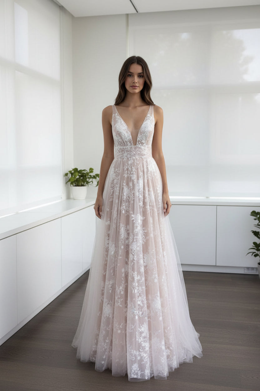 Lace Deep V Wedding Dress Long Gown