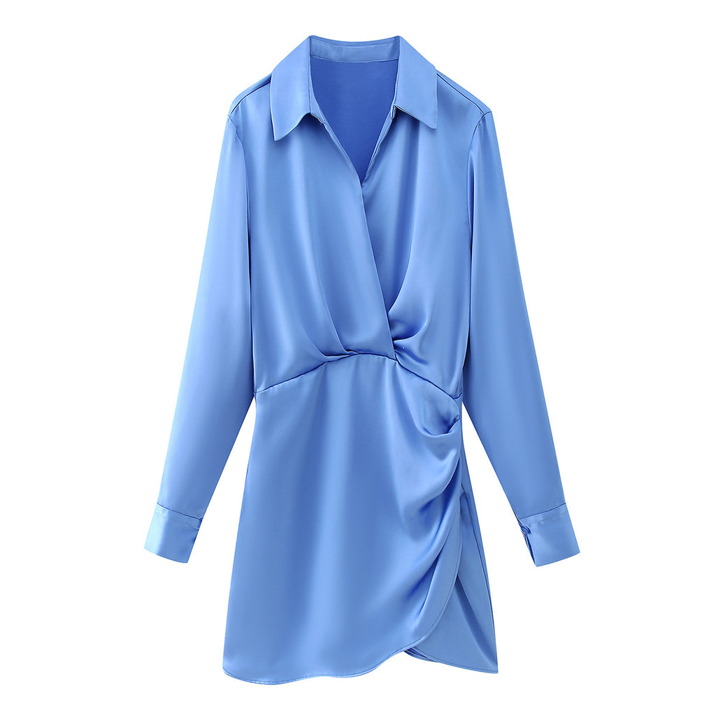Satin Deep V-Neck Pleated Wrap Mini Dress — Three Colors