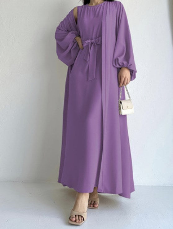 Elegant Abaya Ramadan Two-Piece Set with Tie Waist