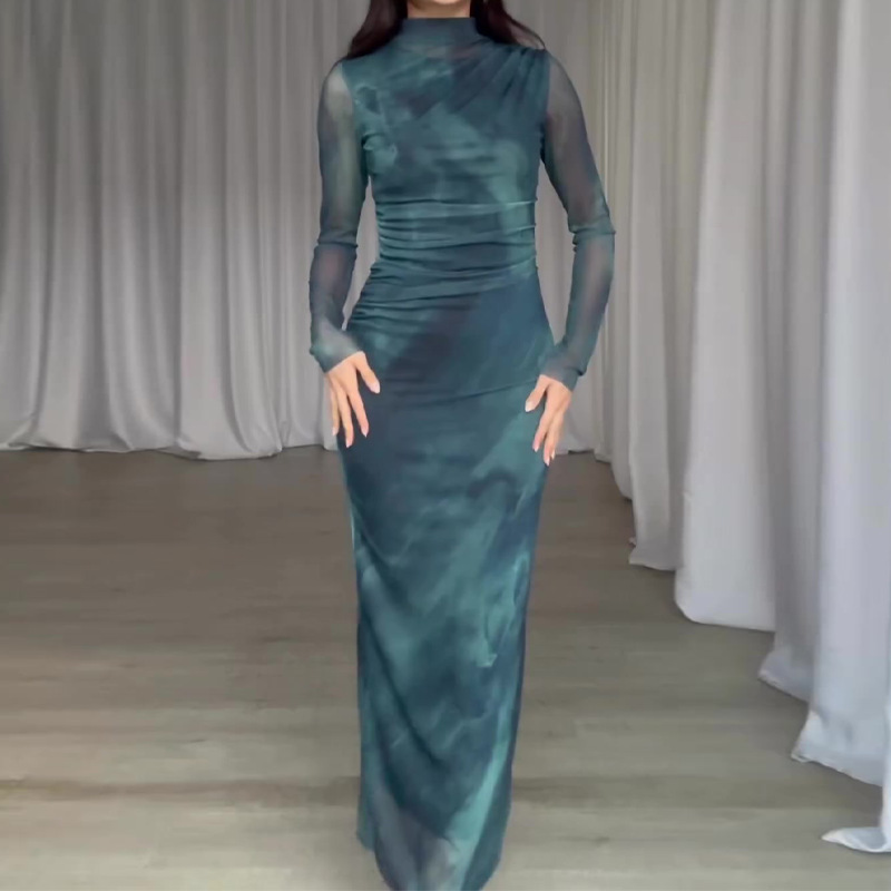 Tie-Dye Mesh Long Sleeve Slim Maxi Dress — Deep Teal
