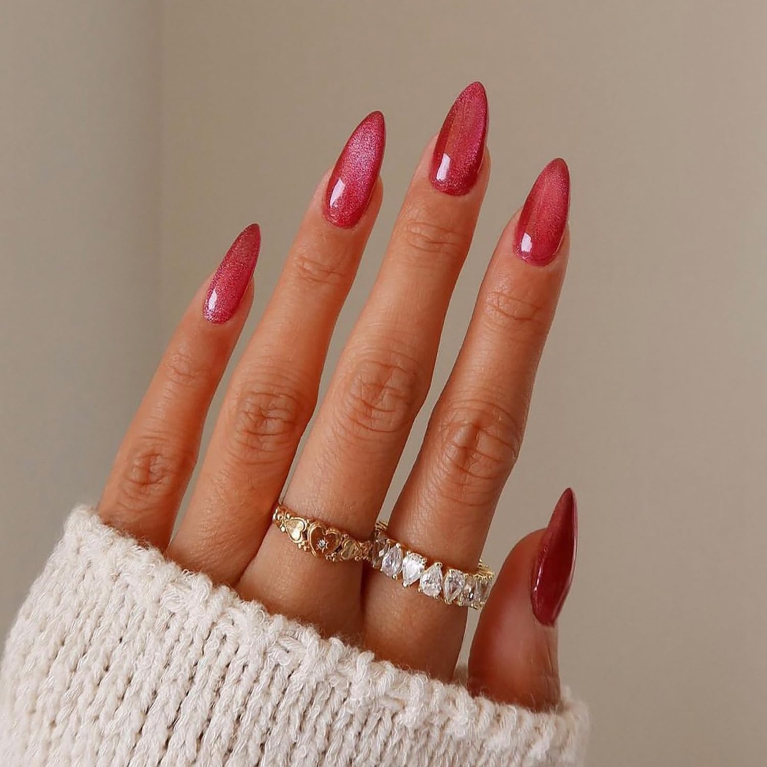 Rose Red Glitter Almond Press-On Nail Set
