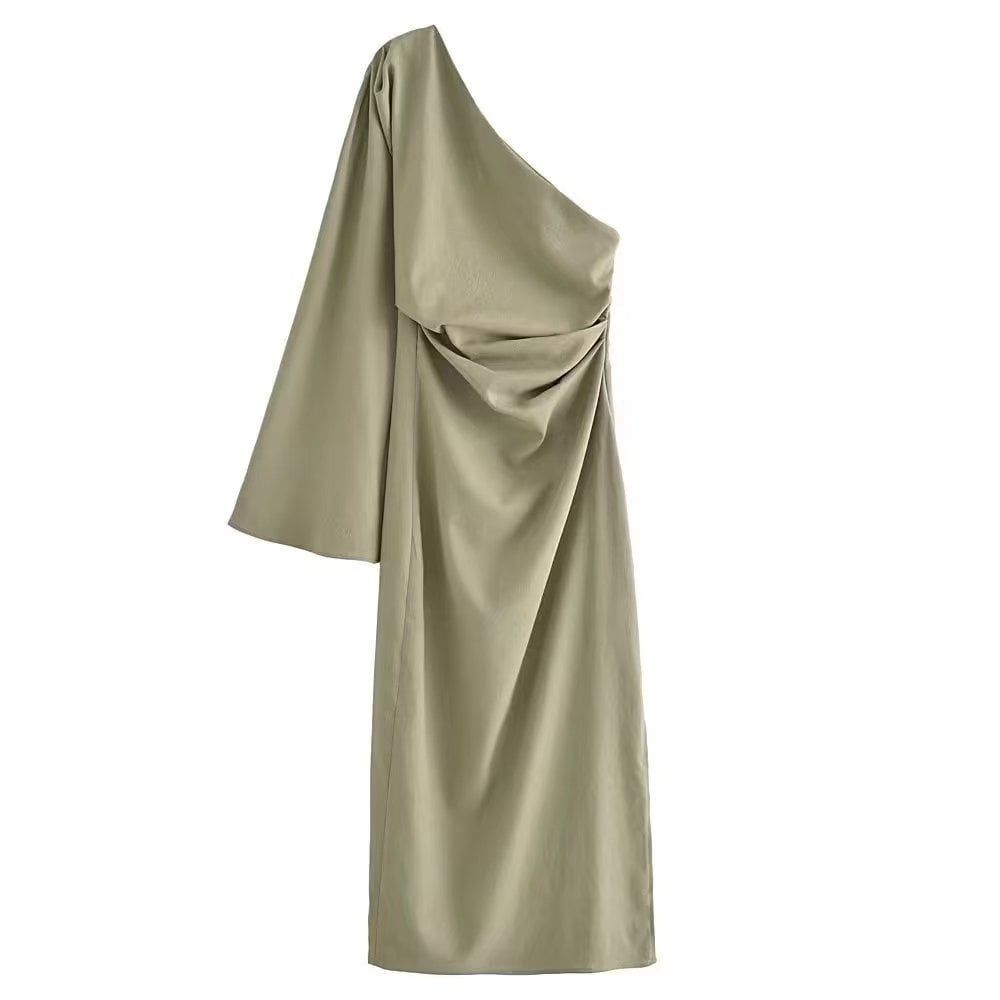One-Shoulder Draped Silk Twill Midi Dress — Sage Green
