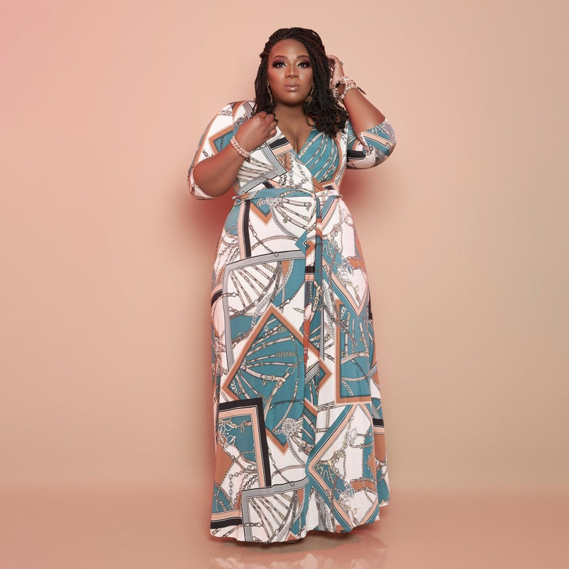 Elegant Plus Size Mandala Print Maxi Dress with Belt