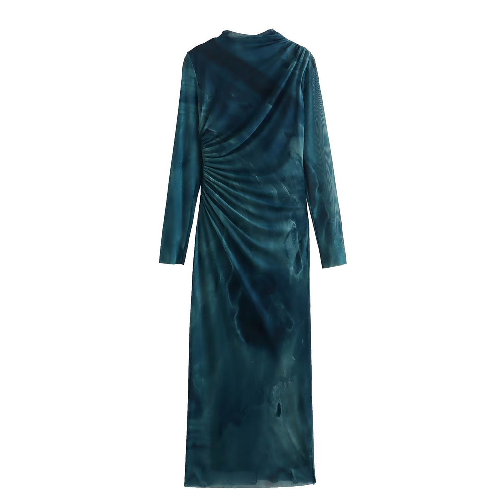 Tie-Dye Mesh Long Sleeve Slim Maxi Dress — Deep Teal