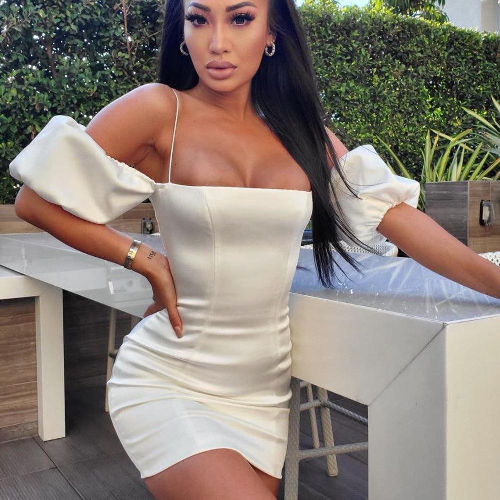 Rose Satin Bardot Puff Sleeve Bodycon Dress