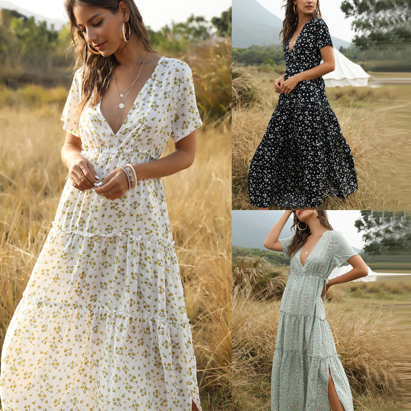Bohemian Ruffled Floral V-Neck Maxi Dress