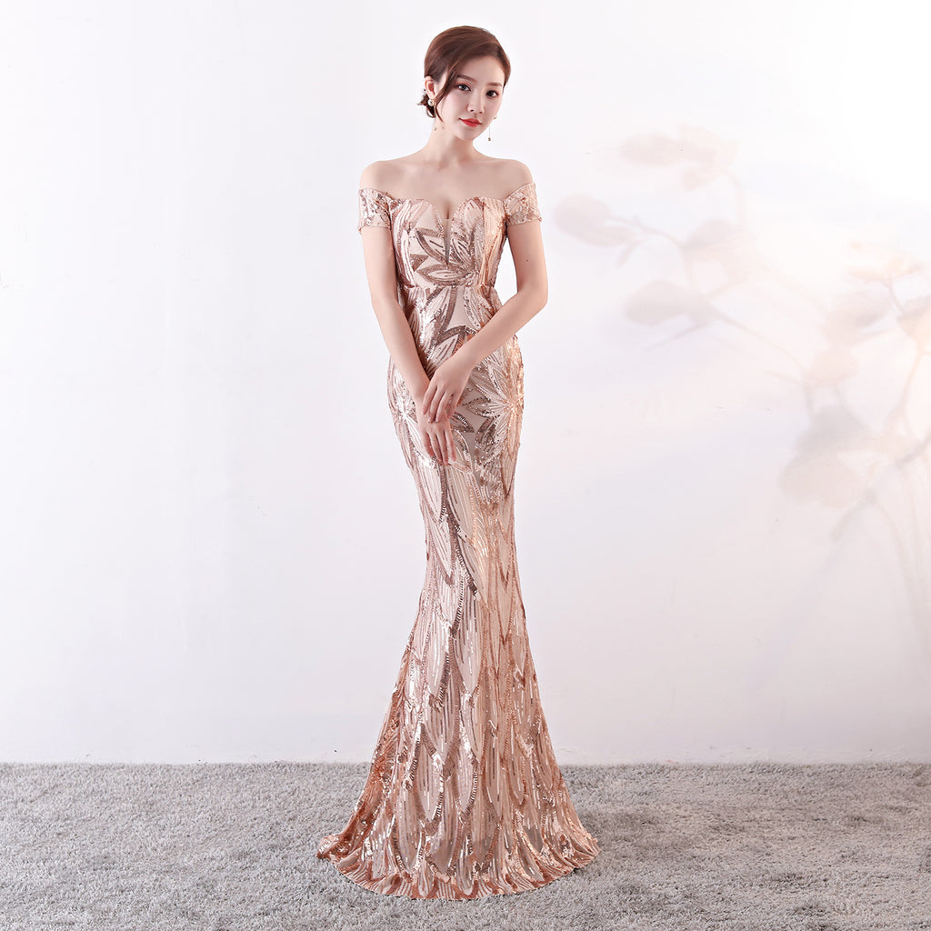 Off-Shoulder Sequin Mermaid Evening Gown