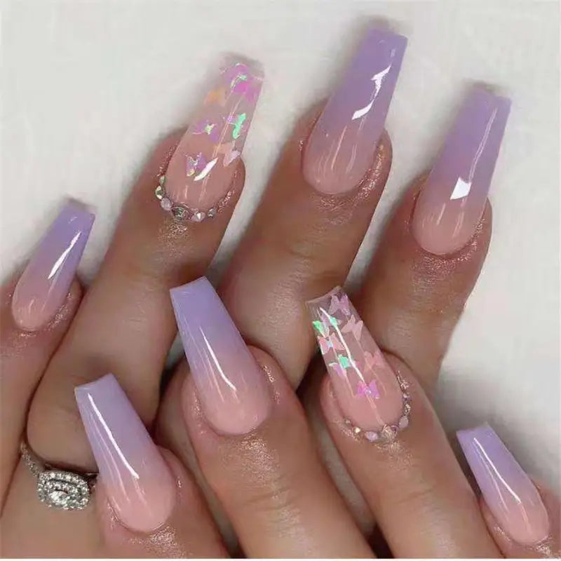 Pink Butterfly Glitter Coffin Press-On Nails