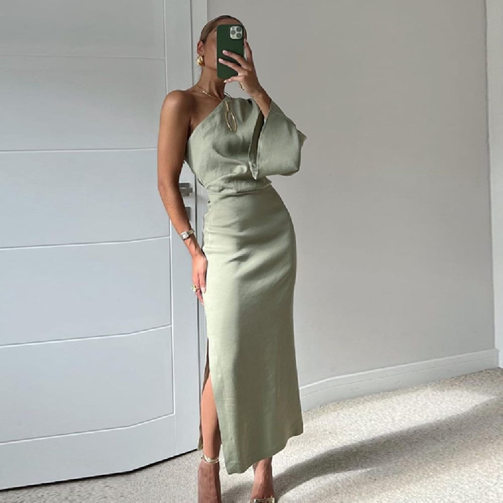 One-Shoulder Draped Silk Twill Midi Dress — Sage Green