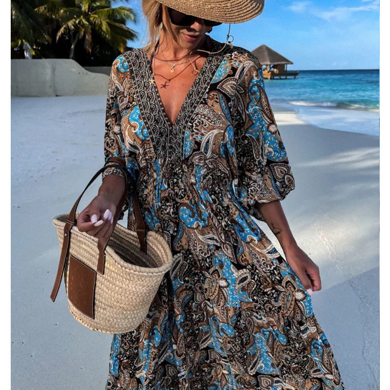 Bohemian Style V-Neck Floral Maxi Dress