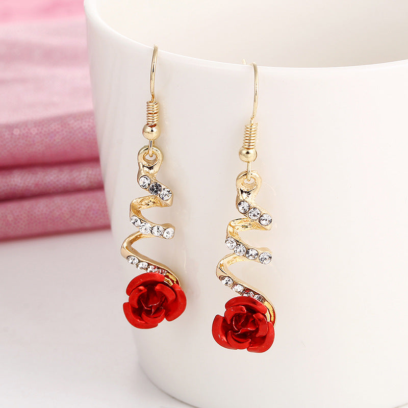 Gold & Red Rose Drop Earrings — Crystal Pavé Stem