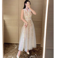 Floral Embroidered Mesh V-Neck Ballgown Maxi Dress