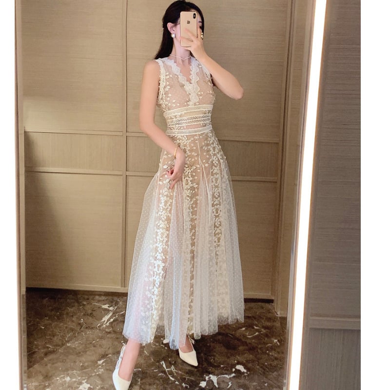Floral Embroidered Mesh V-Neck Ballgown Maxi Dress