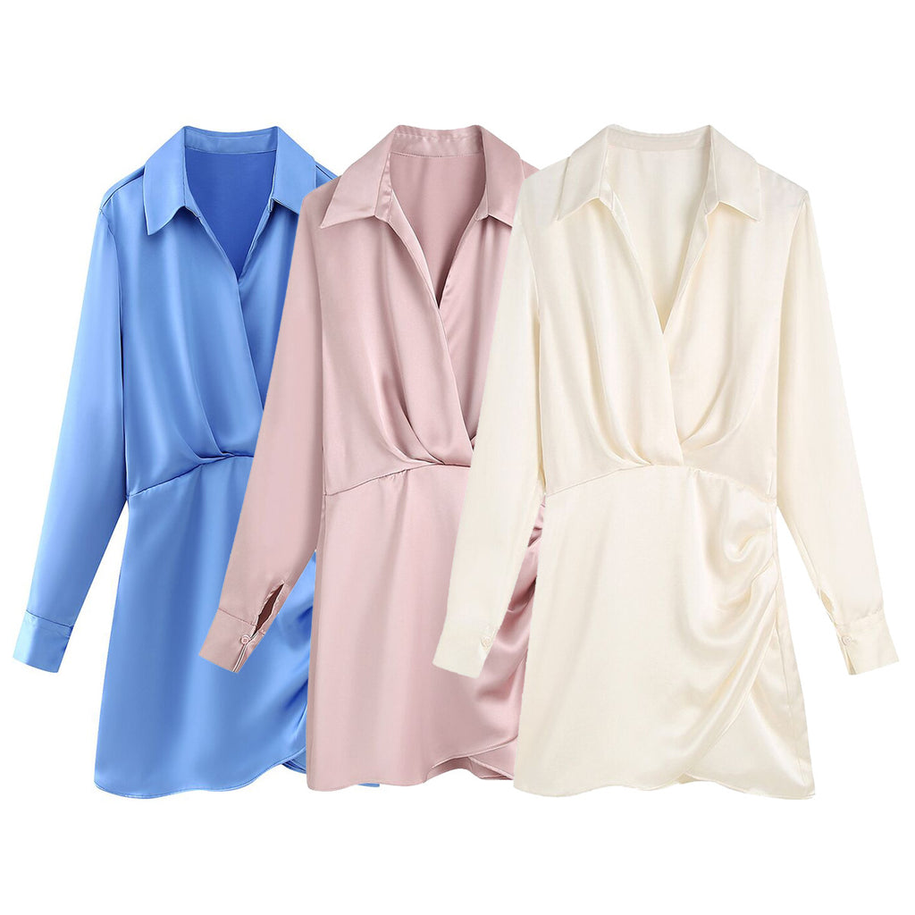 Satin Deep V-Neck Pleated Wrap Mini Dress — Three Colors