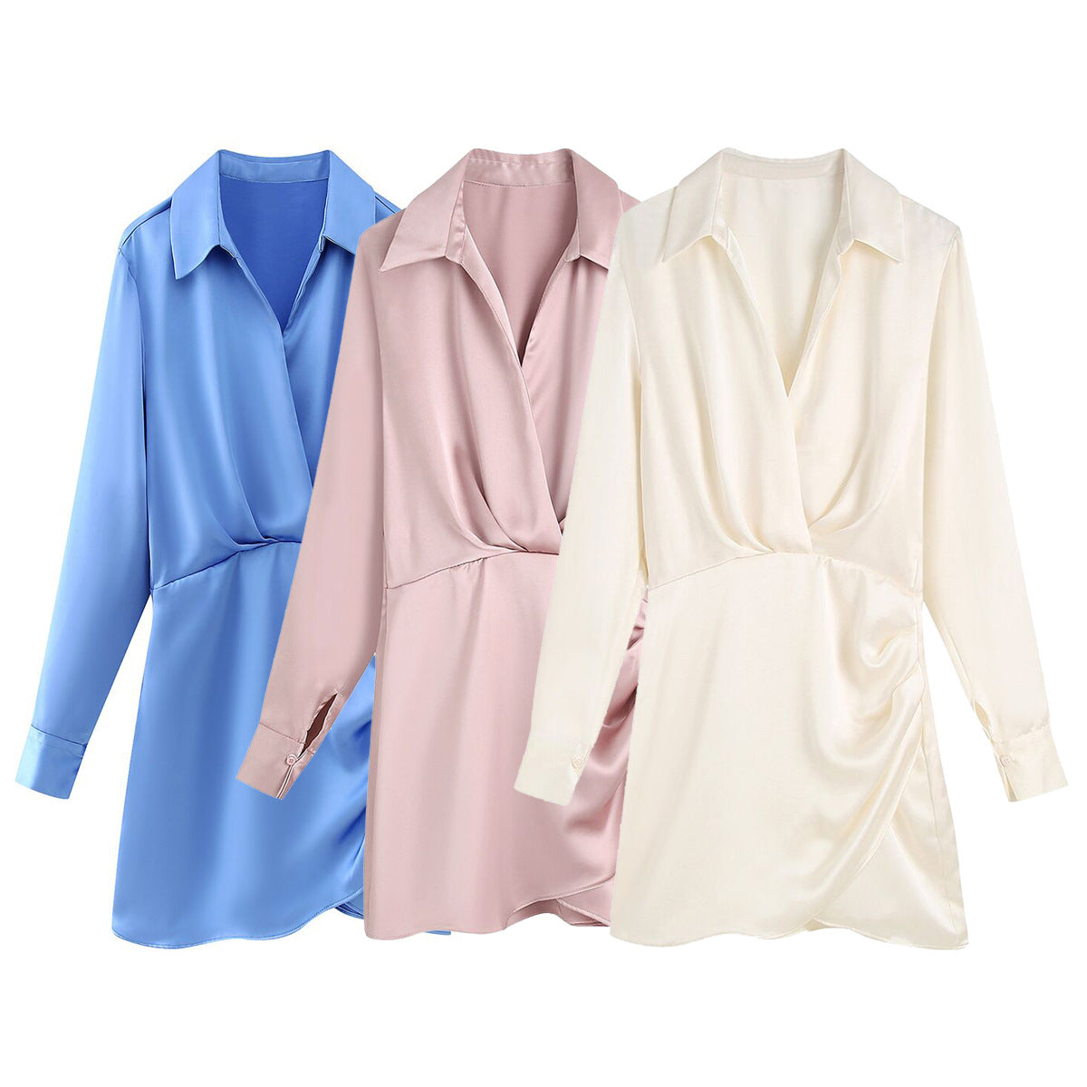 Satin Deep V-Neck Pleated Wrap Mini Dress — Three Colors