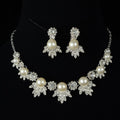 Pearl & Pavé Crystal Floral Leaf Bridal Necklace & Earring Set — Silver