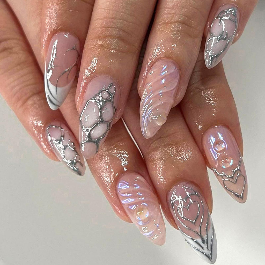 Silver Web Crystal Almond Press-On Nails - 24Pcs