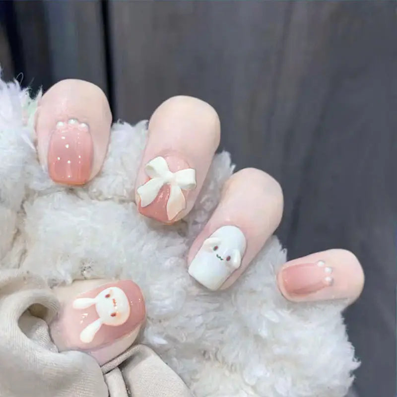 Blush Bunny Bow Press-On Nails - 24pcs