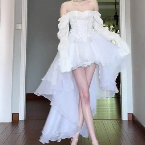 Off-Shoulder Organza Puff Sleeve Hi-Lo Bridal Mini Dress — White