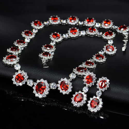 AAA Zirconia Oval Halo Drop Necklace & Earring Set