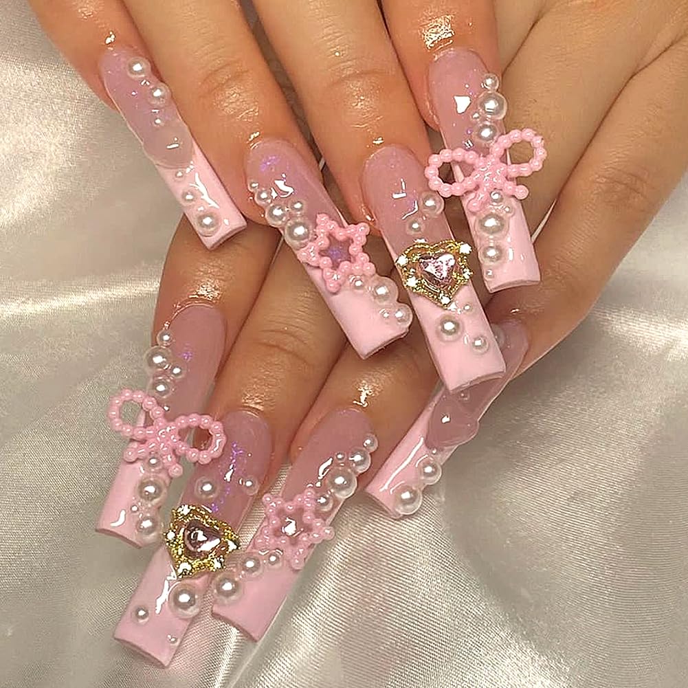 Pink Bow Pearl Coffin Press-On Nails