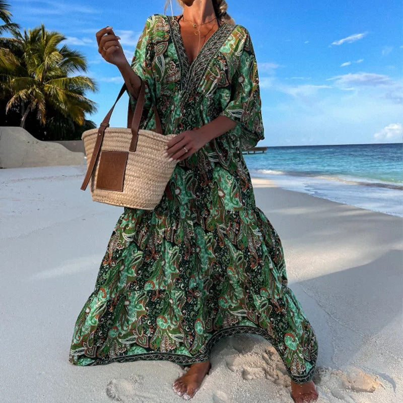 Bohemian Style V-Neck Floral Maxi Dress