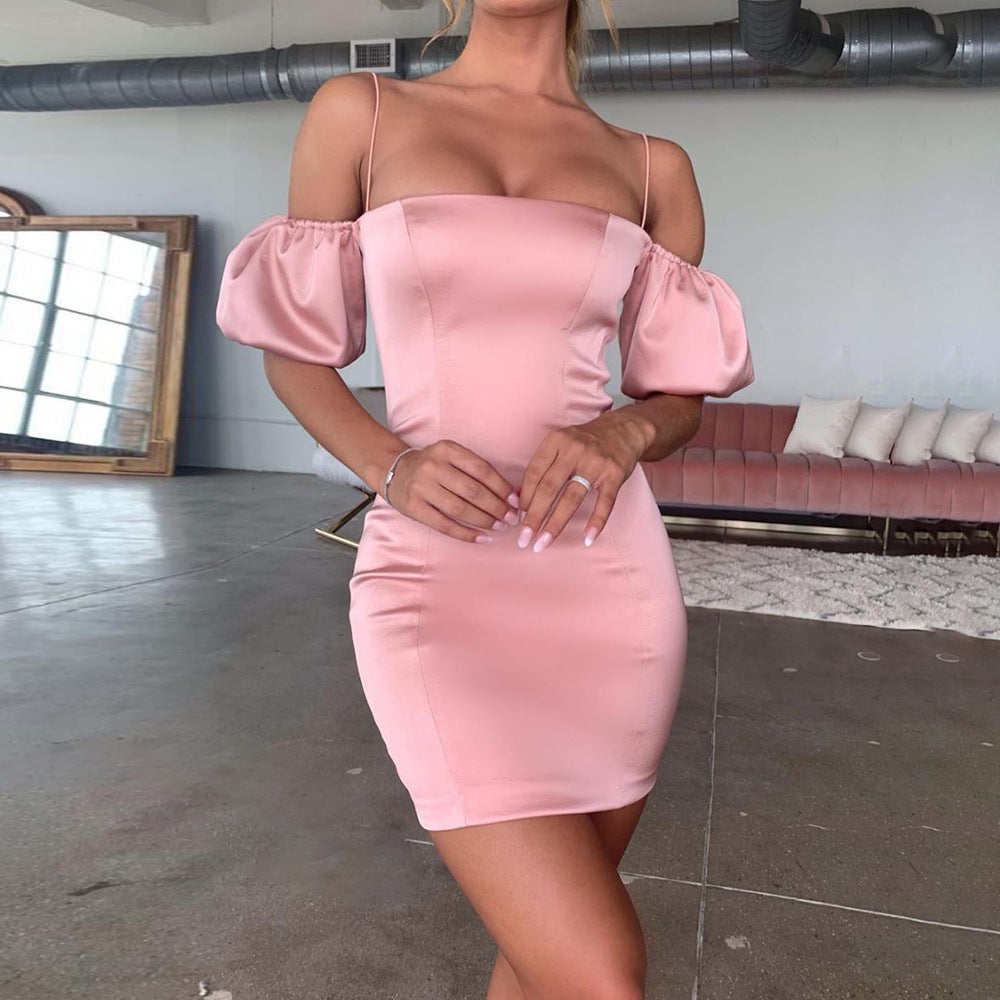 Rose Satin Bardot Puff Sleeve Bodycon Dress