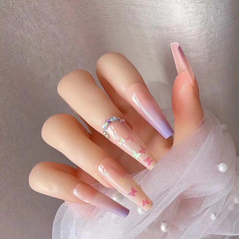 Pink Butterfly Glitter Coffin Press-On Nails