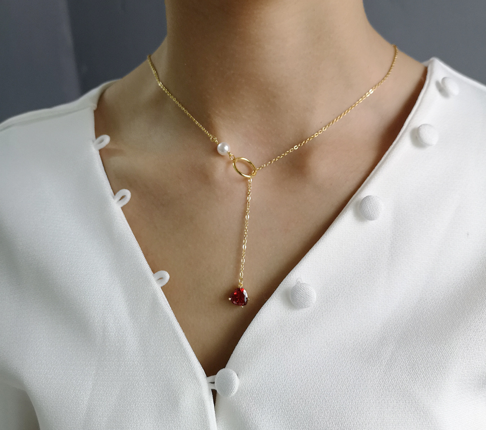 Red Heart & Pearl Lariat Chain Necklace