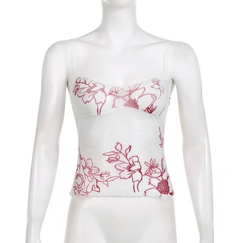 Rose Floral Mesh Lace-Trim V-Neck Cami Top