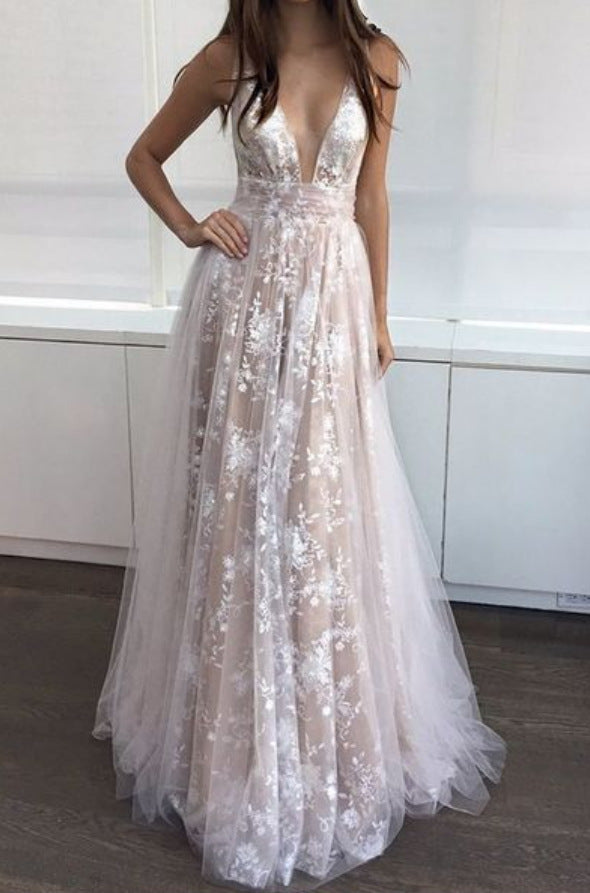 Lace Deep V Wedding Dress Long Gown