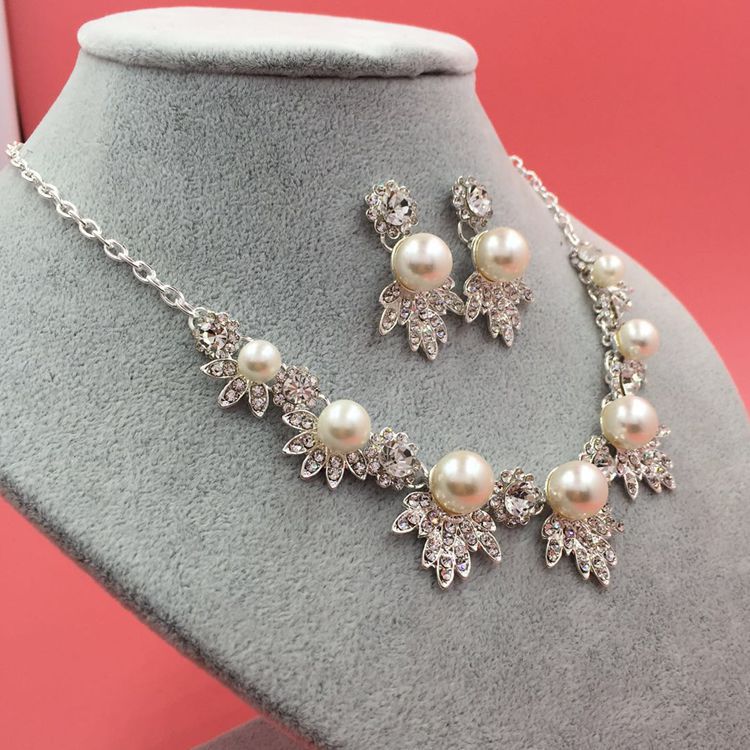 Pearl & Pavé Crystal Floral Leaf Bridal Necklace & Earring Set — Silver