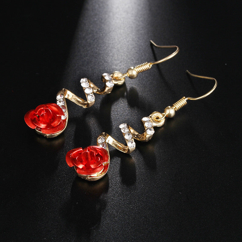Gold & Red Rose Drop Earrings — Crystal Pavé Stem