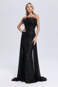 Black Sequined Strapless Feather Dress