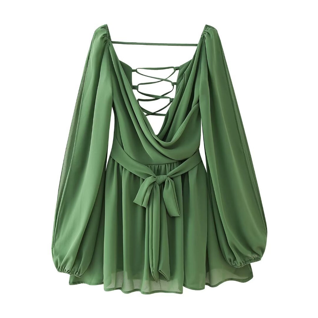 Backless Lace-Up Gauze Mini Dress