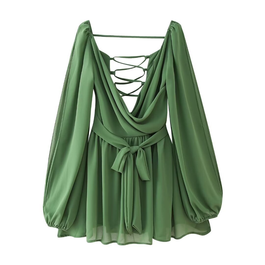 Backless Lace-Up Gauze Mini Dress
