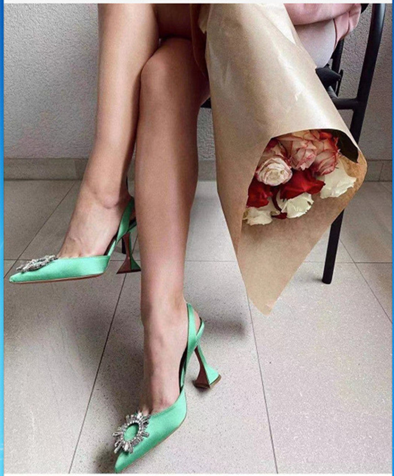 Luxury Crystal Brooch Slingback Triangle Heel Pumps