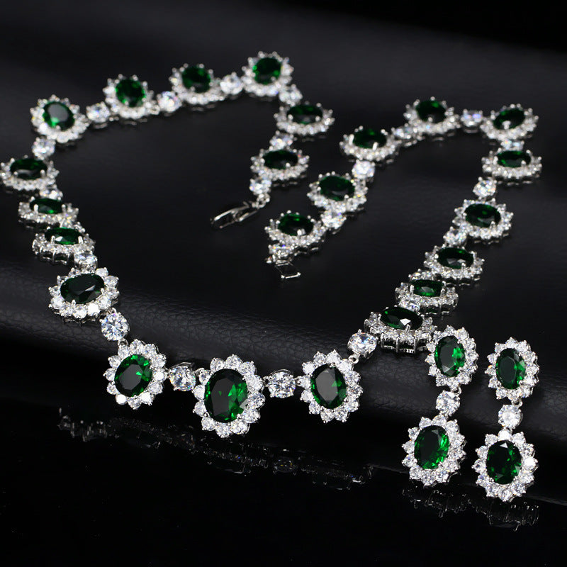 AAA Zirconia Oval Halo Drop Necklace & Earring Set