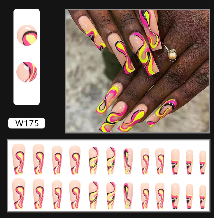 Neon Swirl Long Coffin Press-On Nails