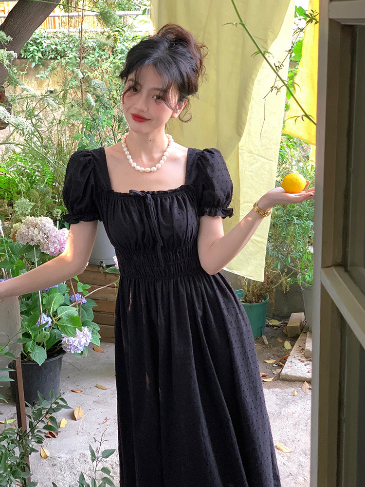 Square Neck Bubble Sleeve Long Dress