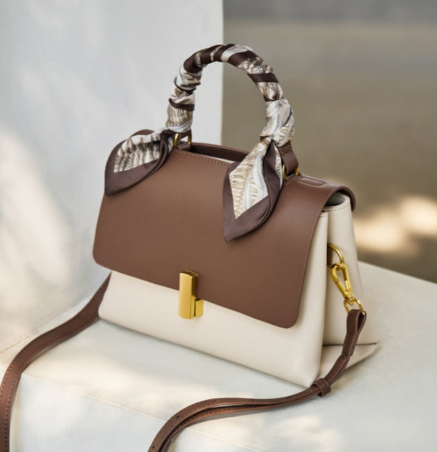 Two-Tone Structured Top Handle Crossbody Bag with Scarf Detail — Tan & Ivory