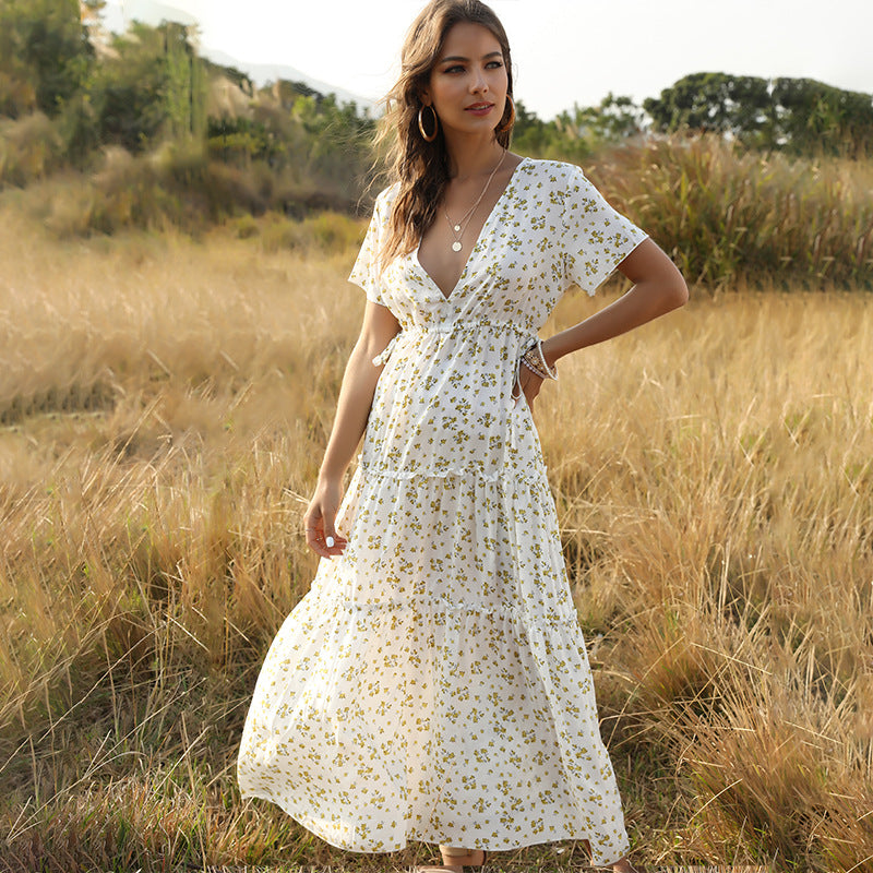 Bohemian Ruffled Floral V-Neck Maxi Dress