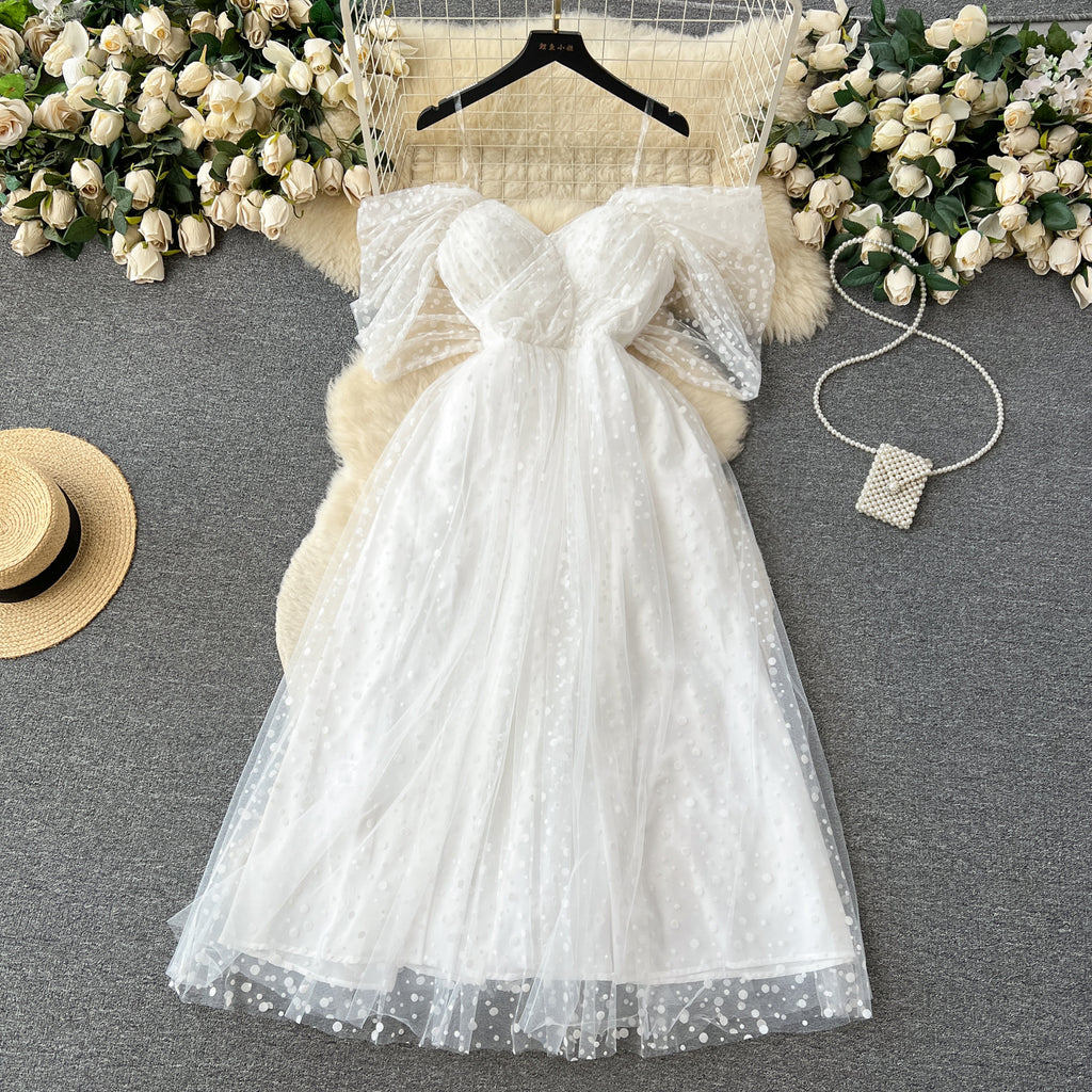 Pearl-Hem Tulle Off-Shoulder Maxi Dress